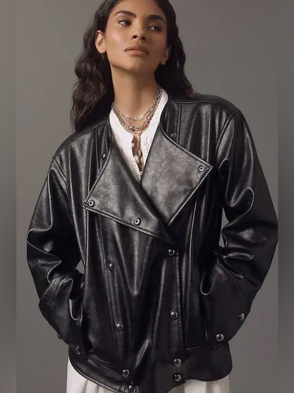 Pilcro by Anthropologie Faux Leather Asymmetric Snap Moto Jacket Black Size L